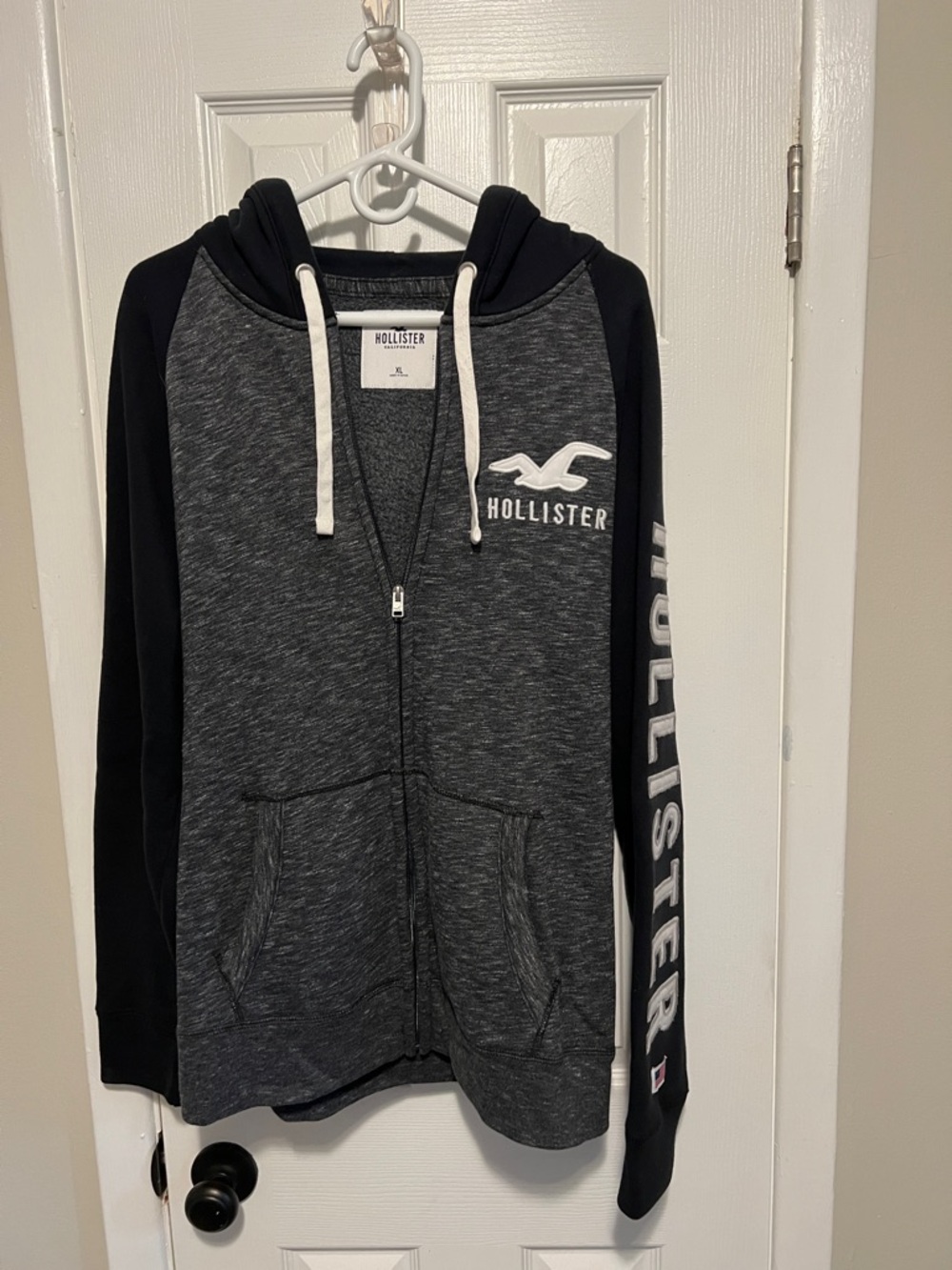 Hollister Charcoal Gray and Black Zip Hoodie with White Logo